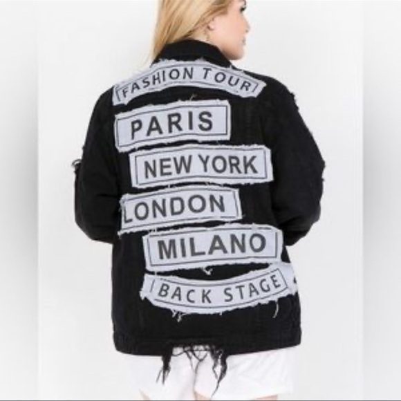 American Bazi Black Denim Jacket with Fashion Tour Patches - Picture 1 of 12